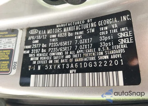 2013 Kia Sorento Lx из США, поврежденный, VIN 5XYKT3A61DG322201